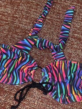 Colorful animal print bikini top  keyhole front tie back neon zebra swim top M
